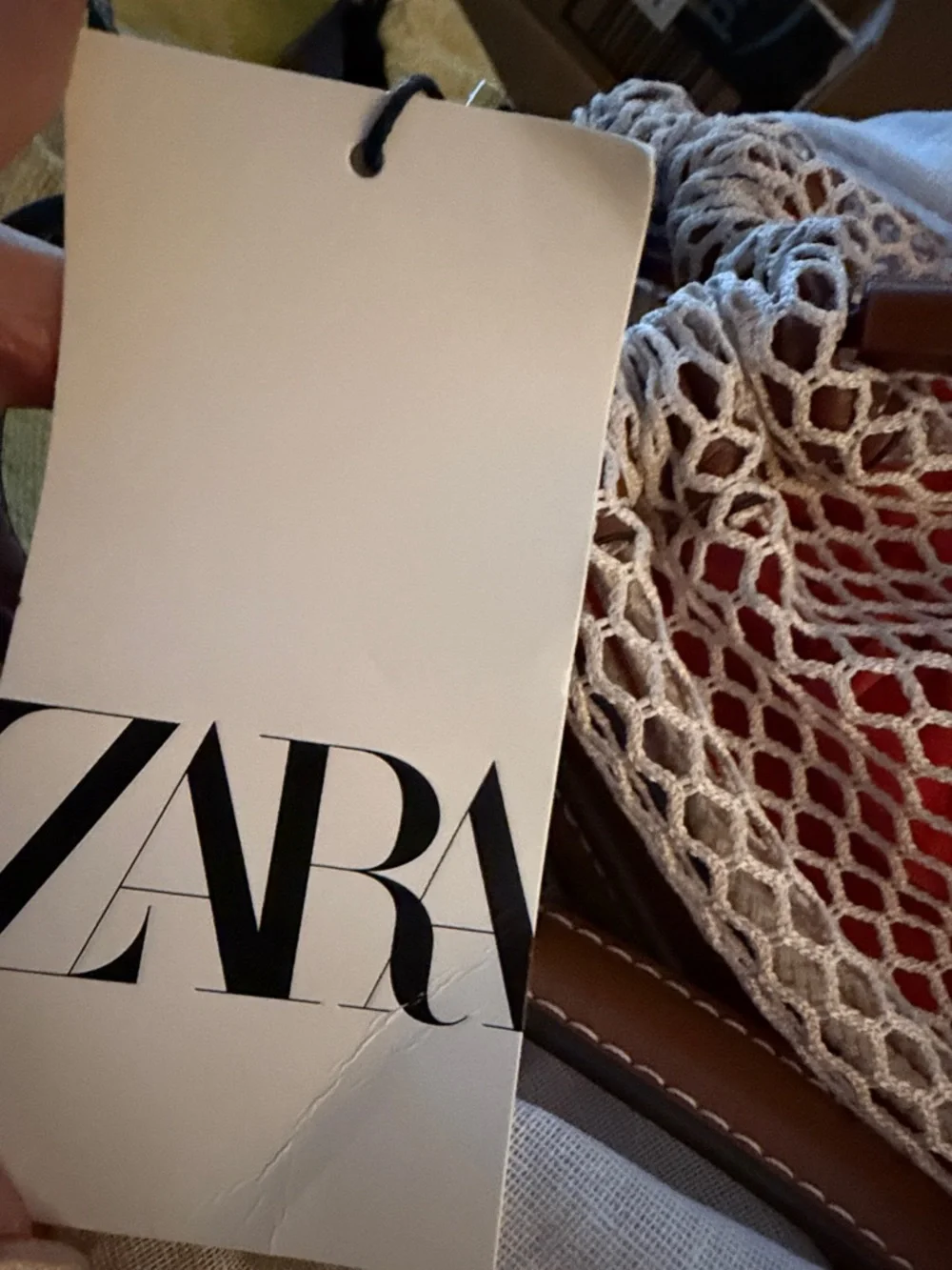 NEW!  Zara Coral - Red Mesh Drawstring Bucket Bag with Brown Leather Trim - Picture 11 of 13